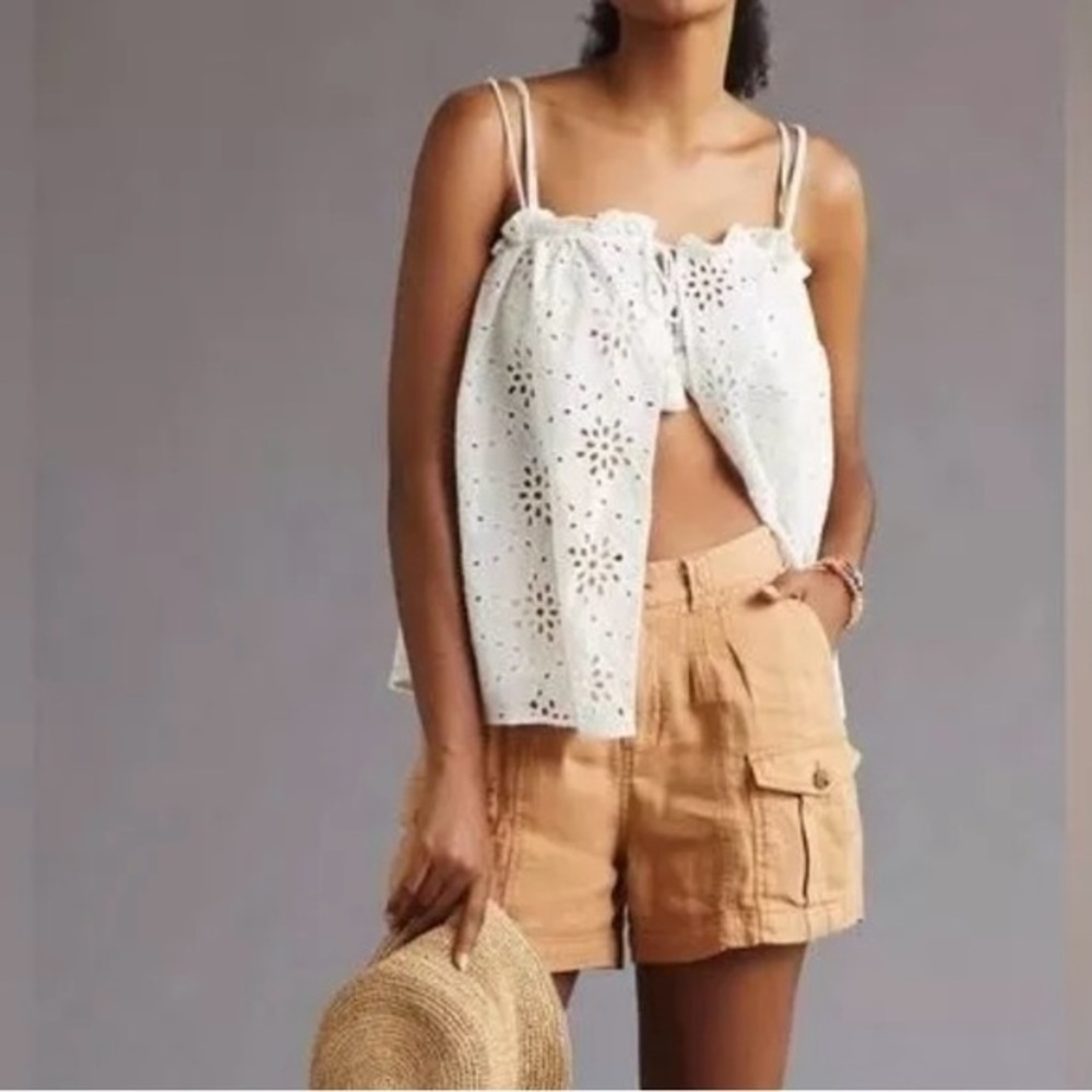 Maeve Anthropologie White Eyelet Lace Tie Front Layer Coverup Top Shirt OS